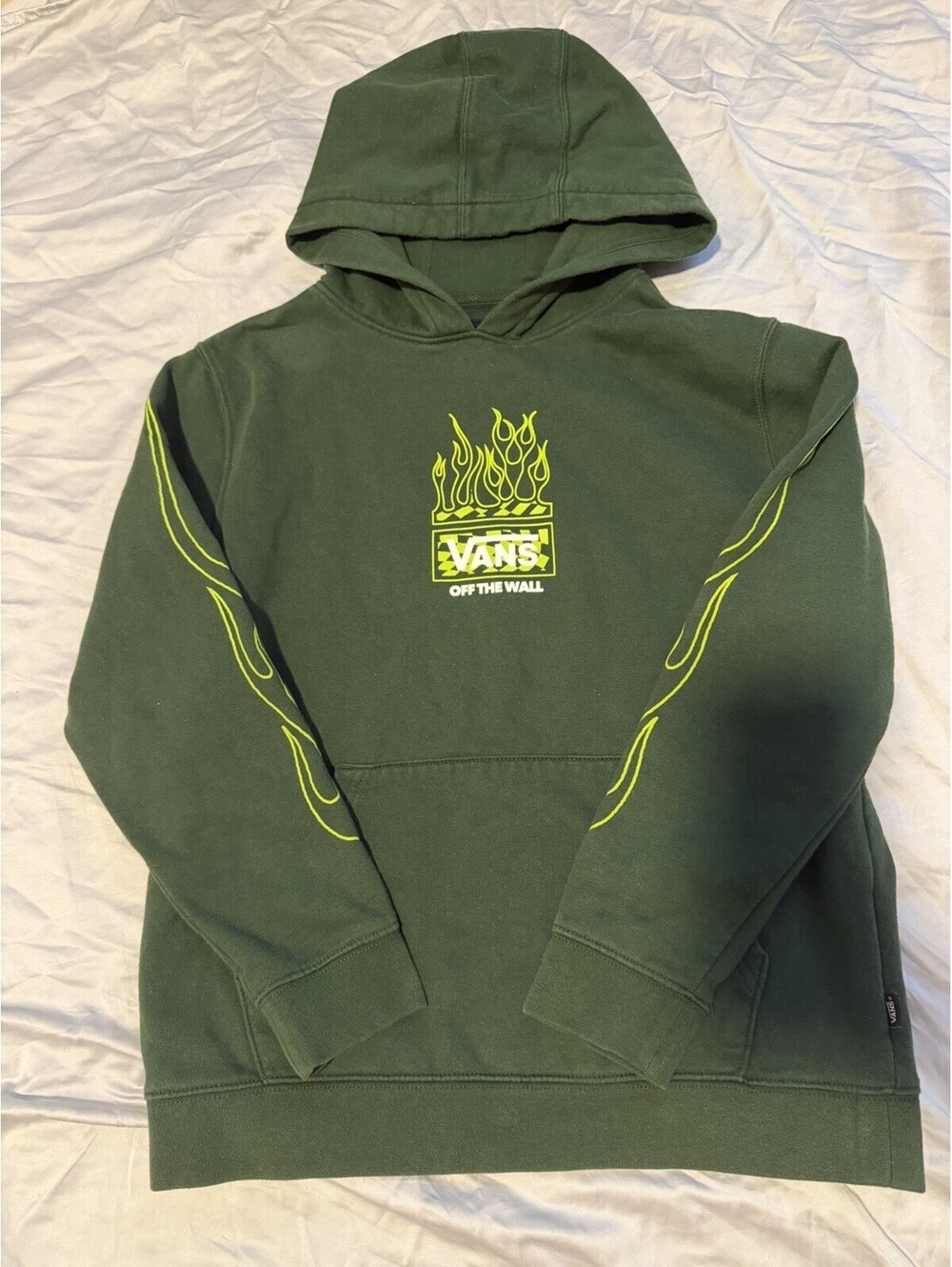 VANS Green Flame Graphic Print Hoodie kids Large Hooded Pullover with Pockets